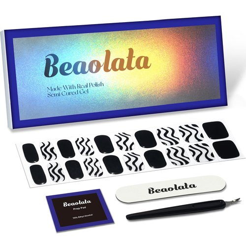 Beaolata Semi Cured Gel Nail Strips - Gel Nail Stickers with uv Light - Nail Polish Strips - 20 Gel Nail Wraps - Gel Nail Strips - Long Lasting Salon Quality (Off Boardway Black)