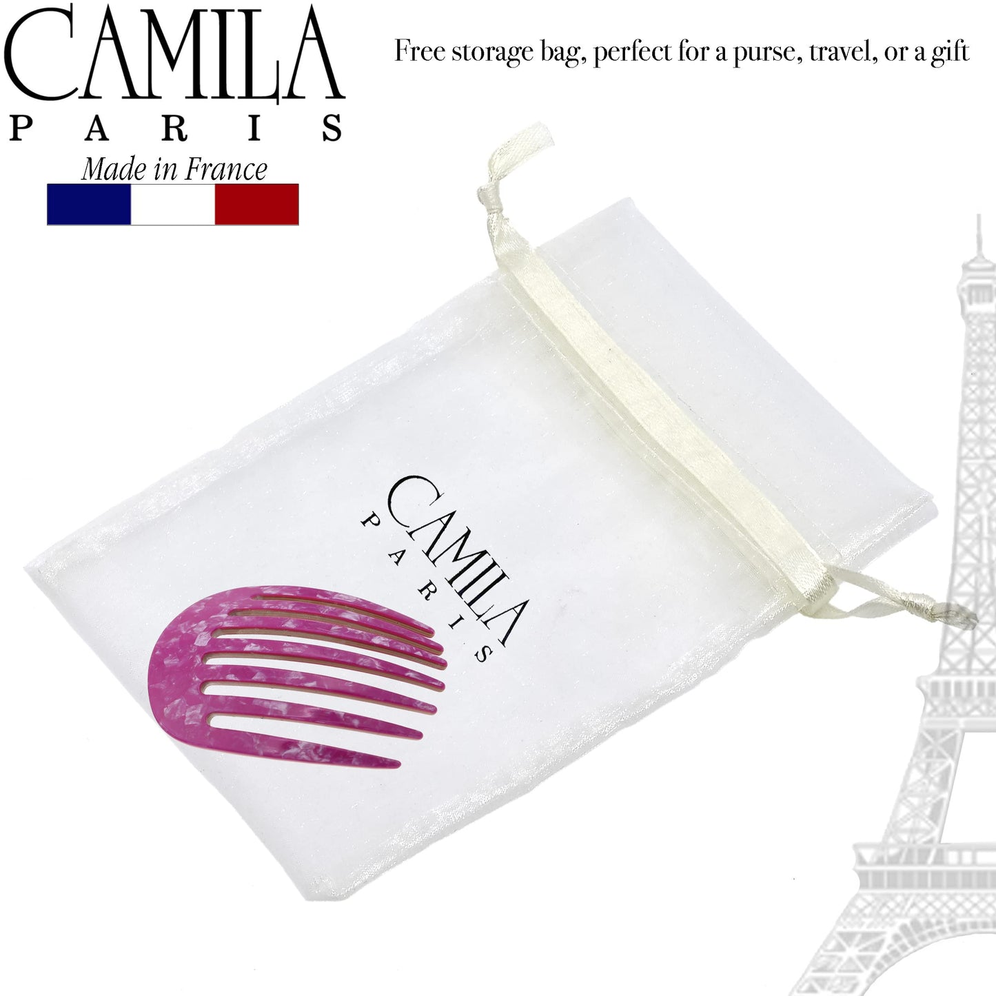 Camila Paris CP3412 French Hair Side Comb Small Rounded, Purple, Handmade French Twist Hair Combs, Strong Hold Hair Clips for Women Bun Chignon, No Slip Styling Girls Hair Accessories Made in France