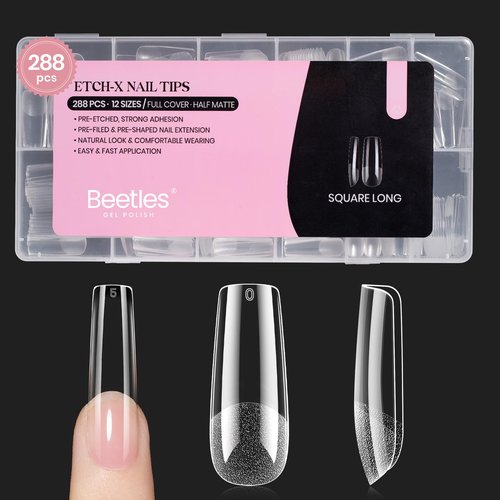 Beetles Gel Nail Tips Long Square 12 Sizes, 288Pcs Pre Shaped Half Matte Press On Nails Gelly Tips False Nails for Gel Nail DIY Art Nail Extensions Acrylic Nails Gift