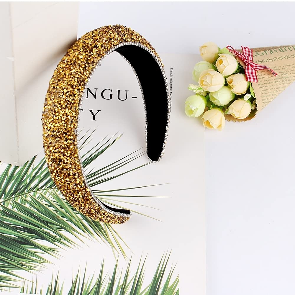 FASOTY Rhinestone Headband Women Fashion Handmade Gold Headband Crystal Diamond Bling Headbands Hair Hoops Padded Headband Glitter Beaded Jeweled Hairband Sparkle Hair Accessories