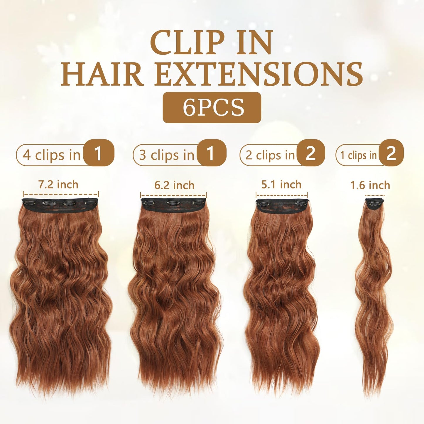 Clip in Hair Extensions for Women, 6PCS Long Wavy Curly Clip on Hair Extensions 20 Inch Copper Red Synthetic Thick Hairpieces