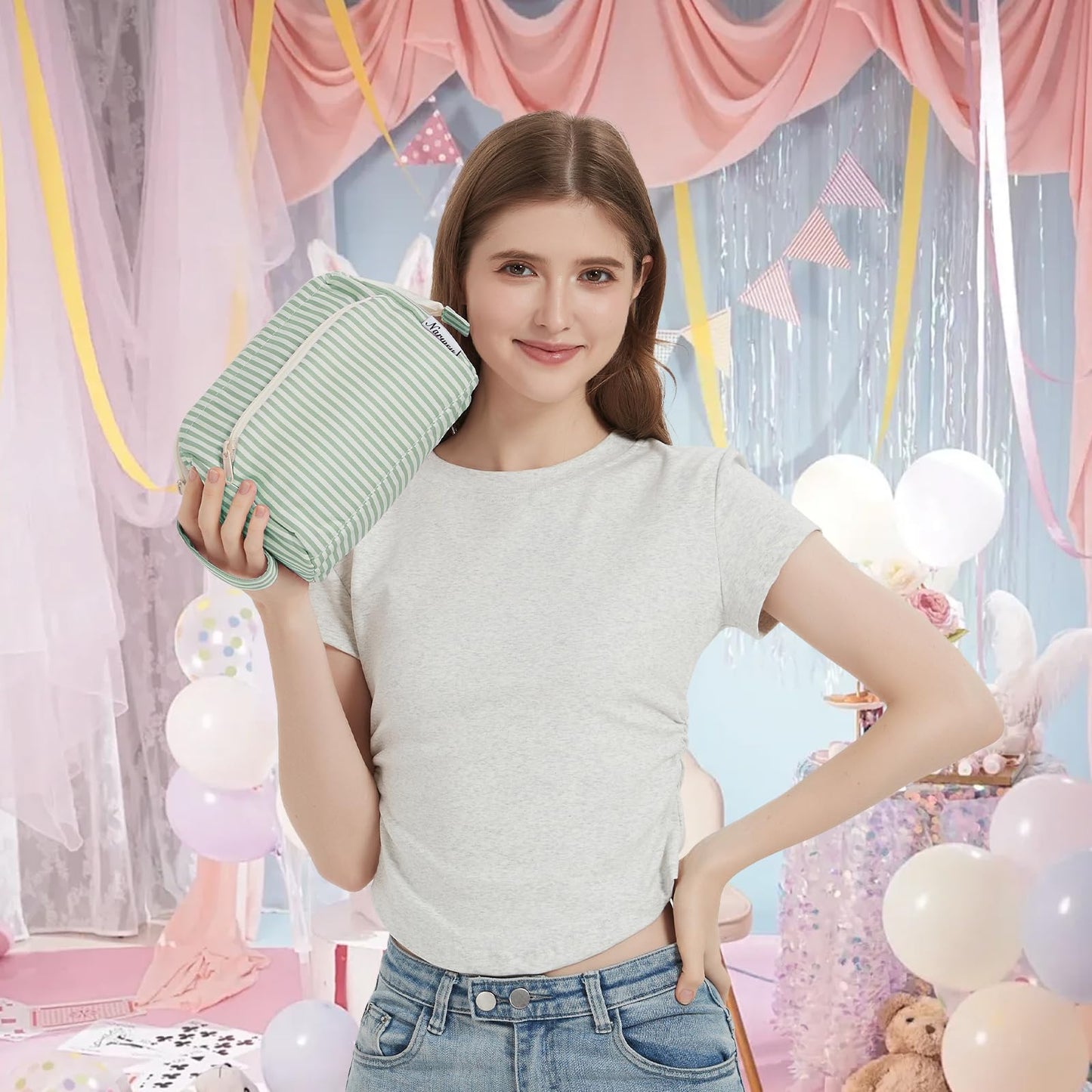 Narwey Striped Makeup Bag Women Wide-open Make up Bag Travel Cosmetic Bag Organizer Toiletry Bag for Cosmetics Toiletries Accessories (Mint Green Stripe)