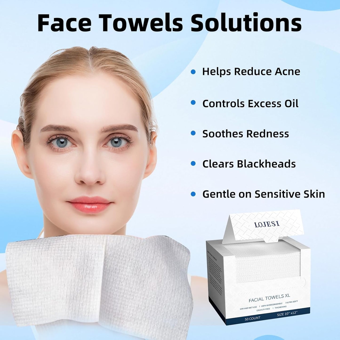 Ultra-Soft XL Disposable Face Towels - 100% Biobased, Eczema-Friendly Makeup Removal Wipes (50 Count)