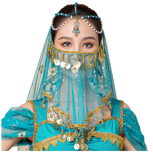 Women Belly Dance Tribal Face Veil with Sequins Beads Coins Halloween Costume Accessory(Semicircle)