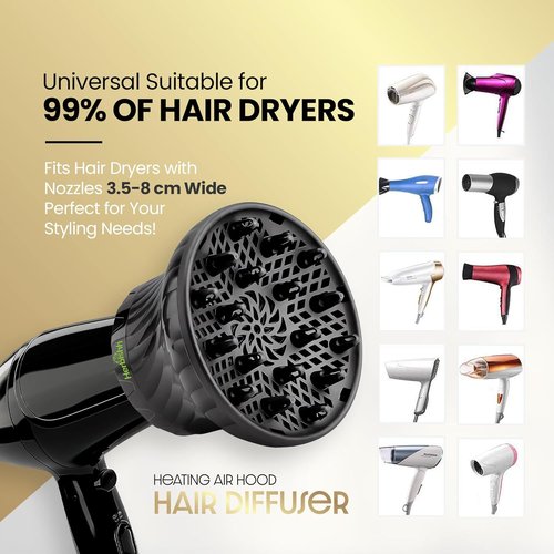 Herbishh Hair Dryer Diffuser - Universal Attachment for Curly & Wavy Hair, Reduces Frizz & Adds Volume, Adjustable 3.5 to 8 cm (Black)