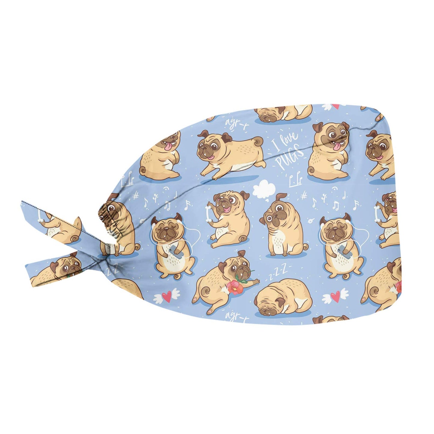 JoyLamoria Funny Cartoon Pug Print Cap with Sweatband Adjustable Tie Back Hair Cover Hats Headwear for Womens Mens