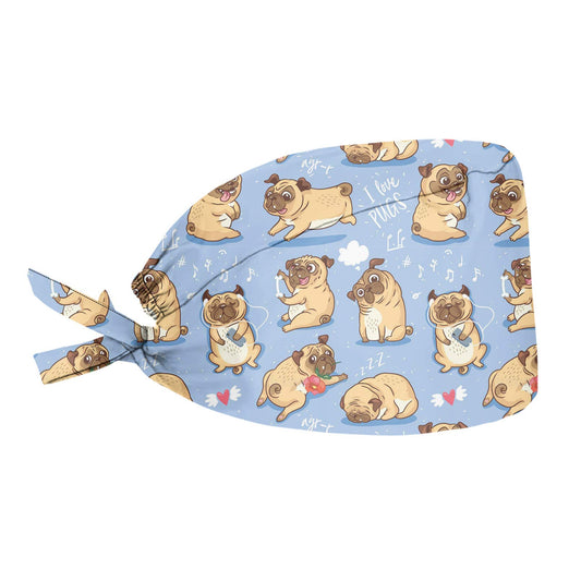 JoyLamoria Funny Cartoon Pug Print Cap with Sweatband Adjustable Tie Back Hair Cover Hats Headwear for Womens Mens