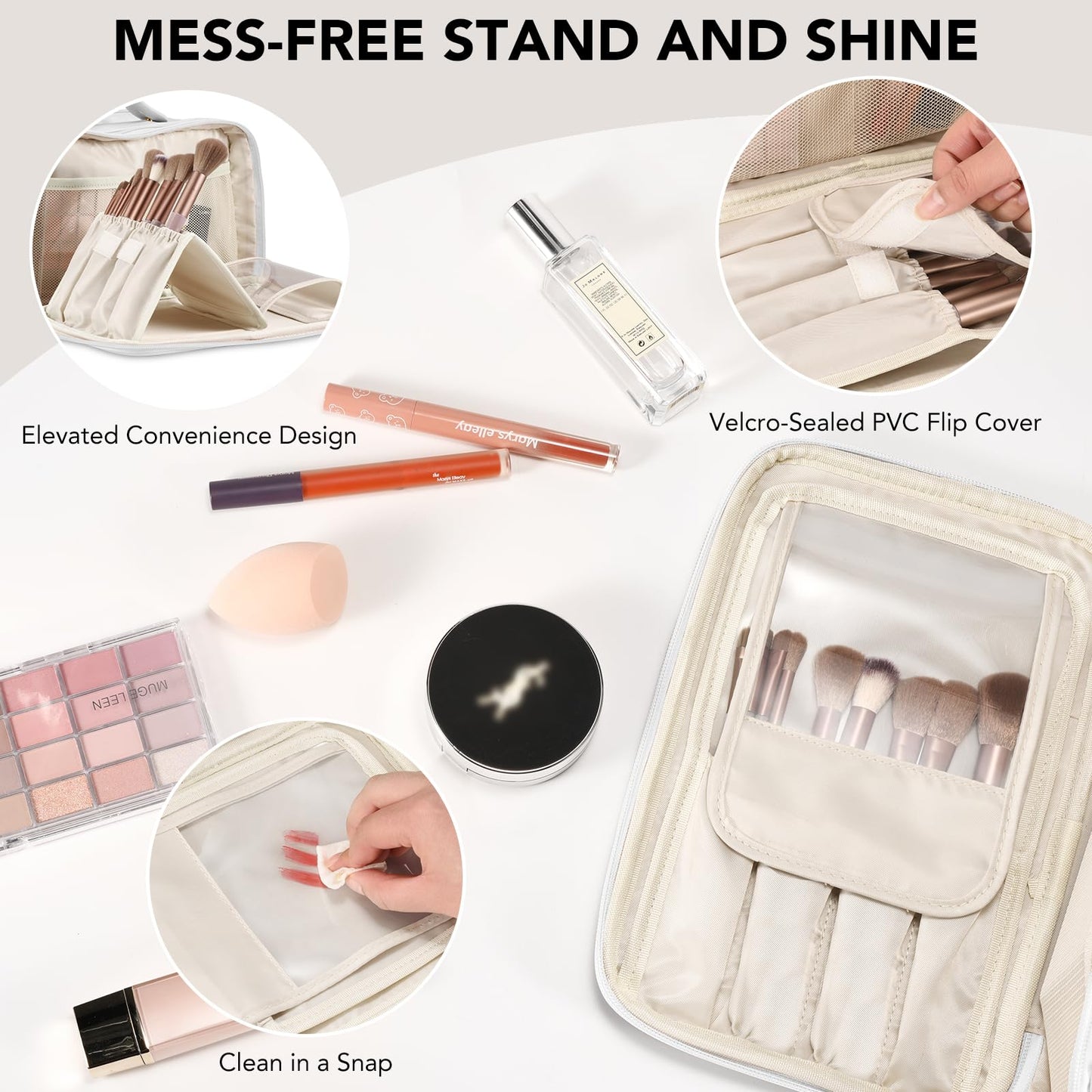 Travel Makeup Bag Women's Large Capacity Cosmetic Portable Organizer Waterproof Large Opening Storage Toiletry Bags Vertical Free-Standing Brush Holder for Easy Access（White）