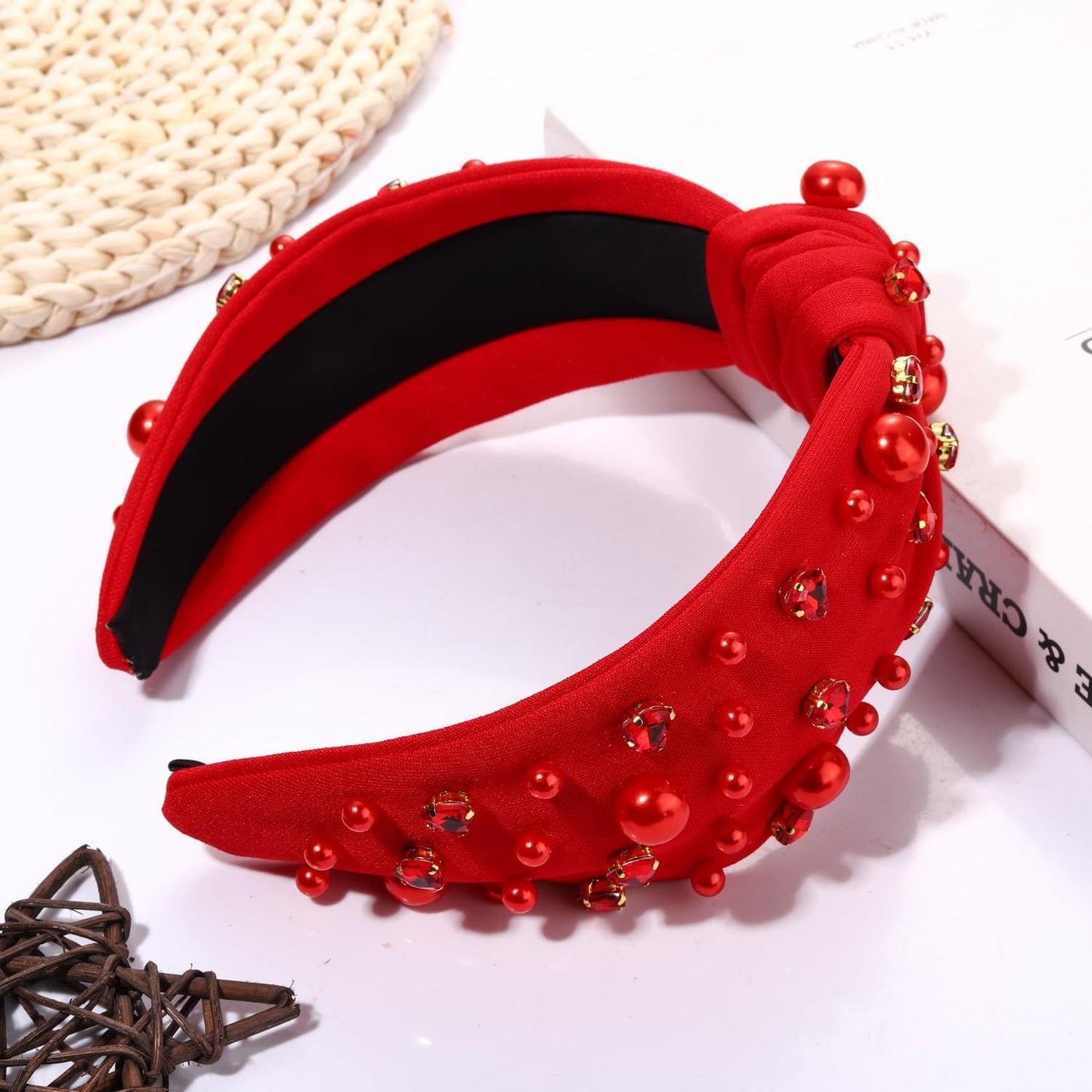 Valentines Day Headband for Women Red Heart Knotted Headband Red Pearl Pearl Pearl Rhinestone Jeweled Hairband Fashion Valentine Holiday Wide Head Band Hair Accessories Gifts (red knot hairband)