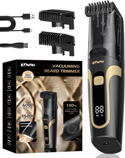 ENSSU Beard Trimmer - Rechargeable Electric Trimmer with Auto-Vacuum & Adjustable Length Dial | Waterproof, 1-20mm