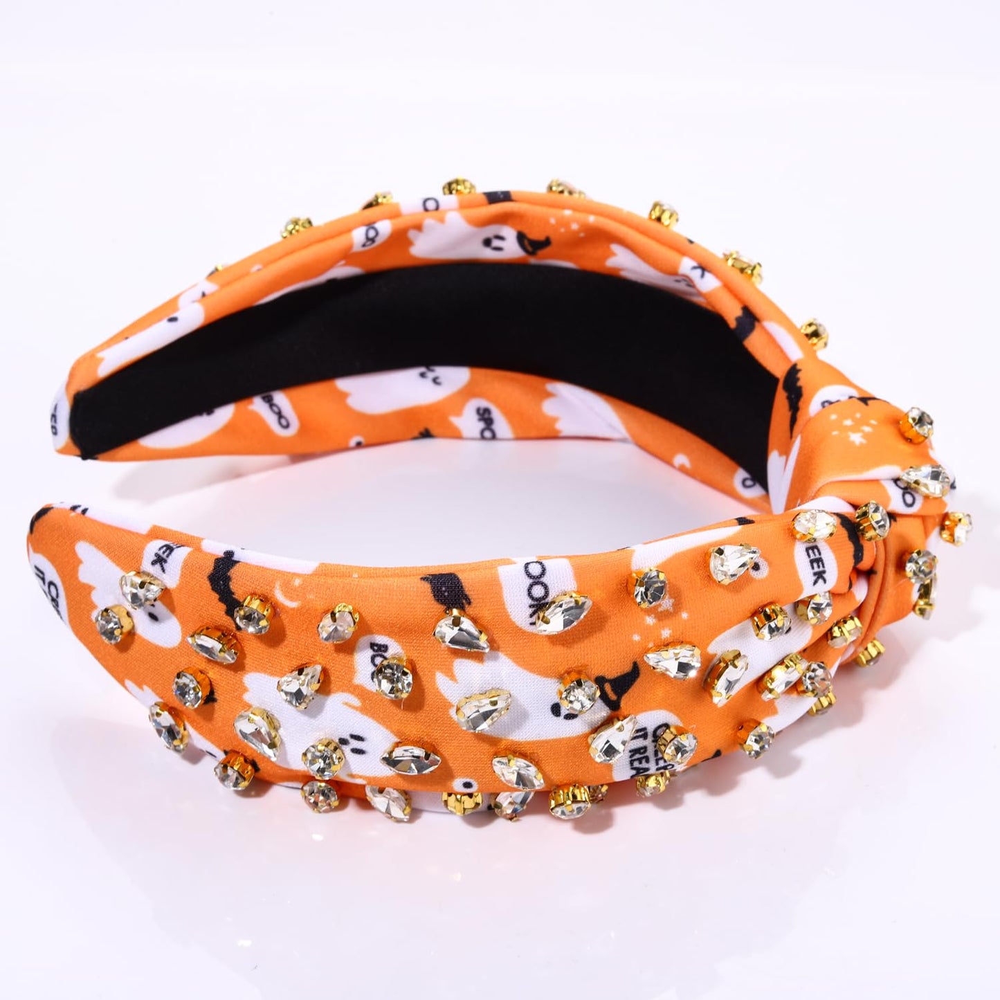 Halloween Crystal Knotted Headband for Women Rhinestone Jeweled Embellished Spooky Ghost Print Wide Top Knot Hairband Halloween Costume Party Hair Accessory (Orange Ghost)