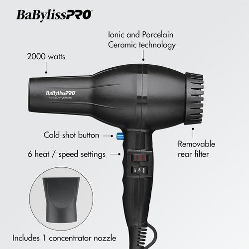 BaBylissPRO Porcelain Ceramic 2800 Hair Dryer - Powerful, Lightweight Design for Effortless Styling