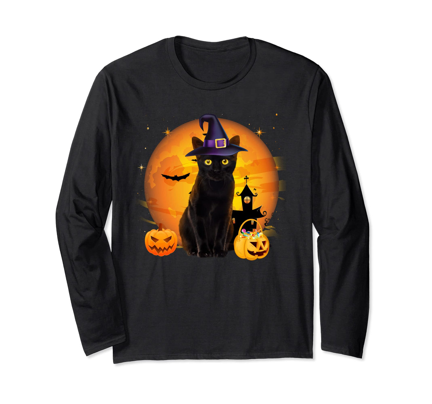 Vintage Scary Halloween Black Cat Costume Witch Hat & Moon Long Sleeve T-Shirt