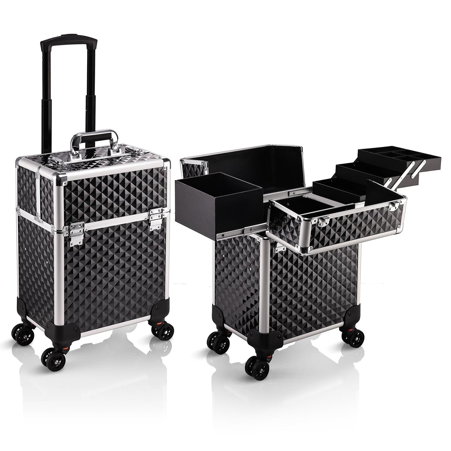 Stagiant Rolling Makeup Train Case Large Cosmetic Trolley 4 Tray with Sliding Rail Removable Layer with Key Swivel Wheels Salon Barber Storage Traveling Cart Trunk - Diamond Black