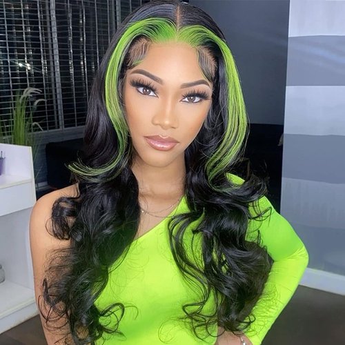 ANDRIA Highlight Green Lace Front Wigs Loose Wave Wigs with Baby Hair Blak and Green Streak Hair Glueless Lace Wigs Long Body Wave Wig Synthetic Heat Resistant Fiber Colorful Wig for Black Women 24"