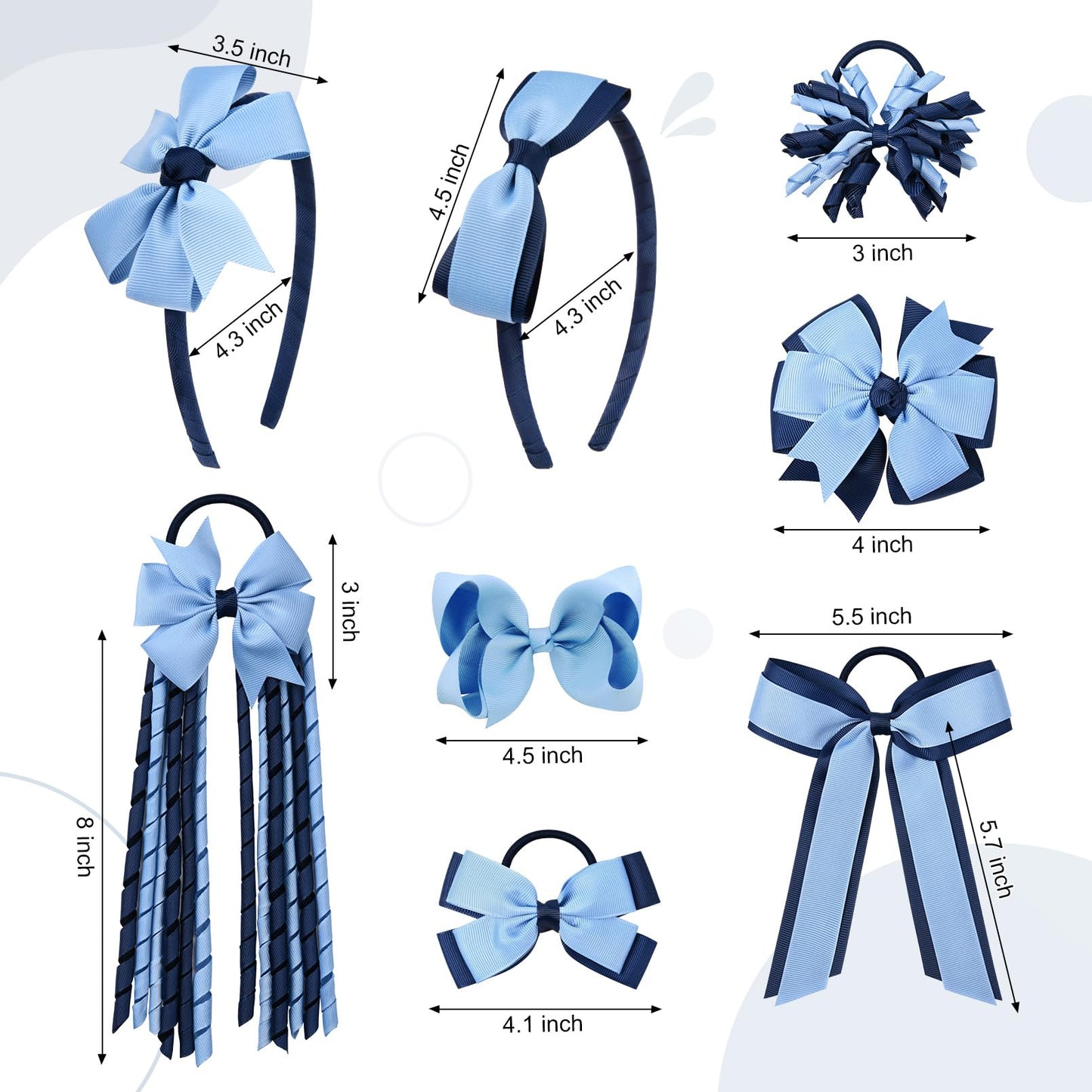 DEEKA Light Blue & Navy School Hair Accessories Set 13 Pcs Uniform Hair Bow Headband Clips Hair Ties Curly Korker Bows for Little Toddler School Girls (Light Blue&Navy)