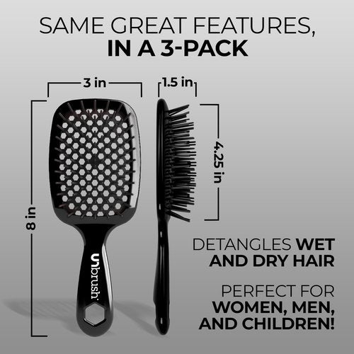 FHI Heat UNbrush Detangling Brush (3-Pack Bundle) — Hair Brush for All Wet/Dry Hair Types — Pain-Free Detangler Brush w/DuoFlex Anti Static Bristles — Lightweight Travel Hair Brush (Original Black)