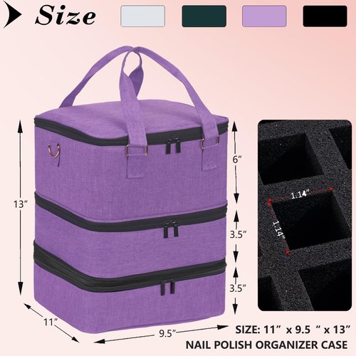 FCQQYWZ Large Nail Polish Organizer Case Hold 84+ Bottles Nail Polish & Nail Lamp, 3 Layers Nail Organizers and Storage for Nail Tech with Divider, Travel Carrying Case for Nail Polish Kit Set(Purple)
