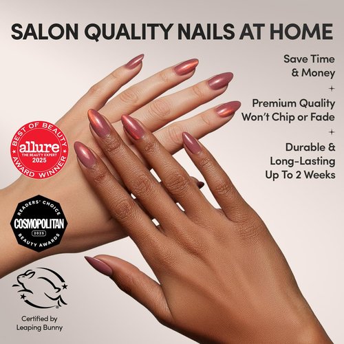 Glamnetic Press On Nails - Rosé | Short Almond Rosy-Pink Fake Nails with a Mesmerizing Metallic Finish | 15 Sizes - 30 Nail Kit with Glue