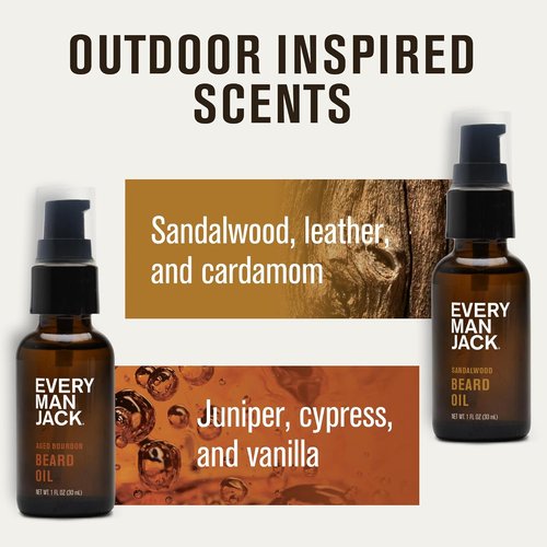 Every Man Jack Beard Oil - Aged Bourbon & Sandalwood Scent - Deeply Moisturizes & Softens - 1 fl oz (2 Pack)