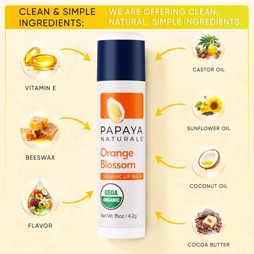 Papaya Naturals Organic Lip Balm Set - 6 Pack of Moisturizing Beeswax & Cocoa Butter Balms | Assorted Fruit Flavors