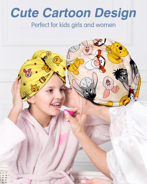 Akkya Microfiber Hair Towel Wrap for Kids Girls Women 2 Pack Drying Turban Towels for Wet Hair Quick Dry Head Wraps Cute Cartoon Bear Print