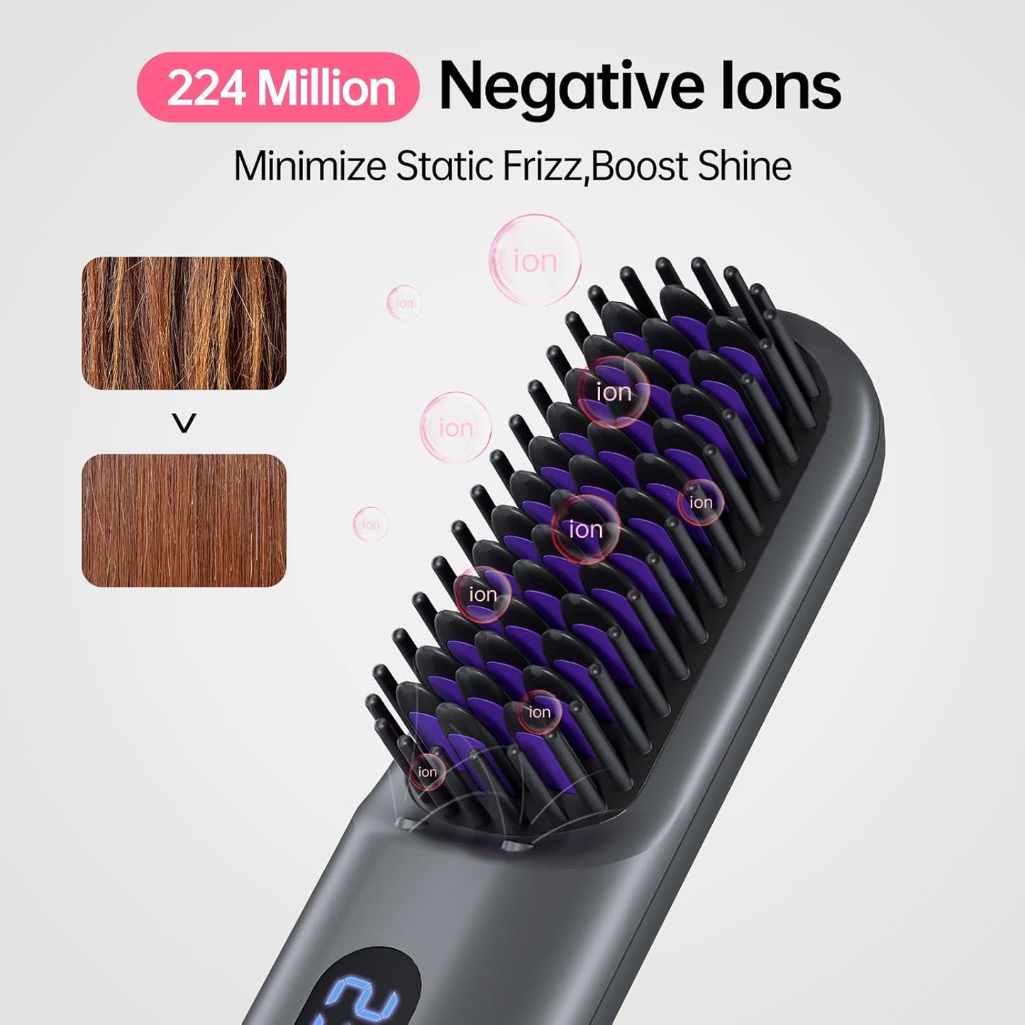 Skiennix Cordless Hair Straightener Brush - Portable 9600mAh Comb with Plasma Tech & 9 Temp Settings | LED Display (Grey)