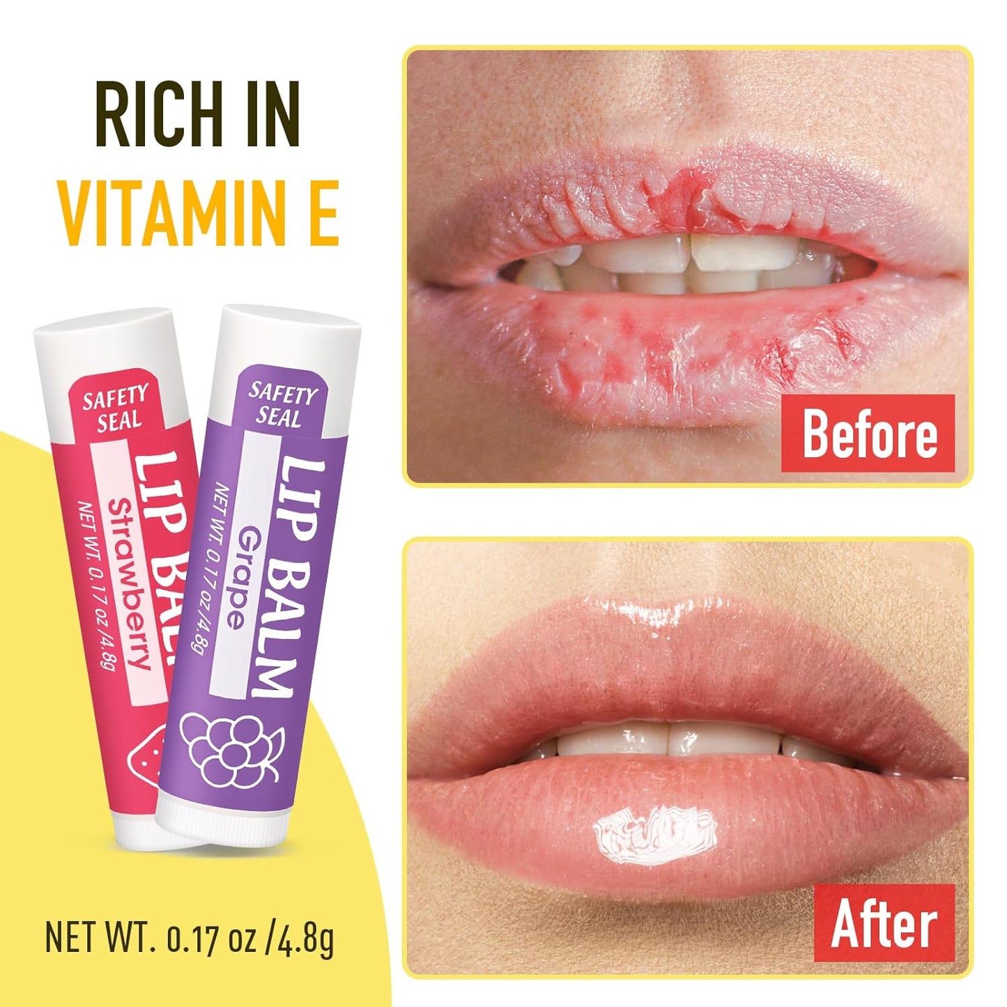 Skiennix 32 Pack Lip Balm | Natural Moisturizing Formula with Vitamin E & Coconut Oil - 8 Flavors for Dry Lips