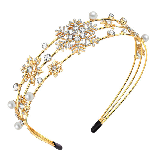 HEIDKRUEGER Christmas New Year Headband Mardi Gras Hairbands for Women Festive Holiday Parade Hair Hoop (Snowflake/Gold)