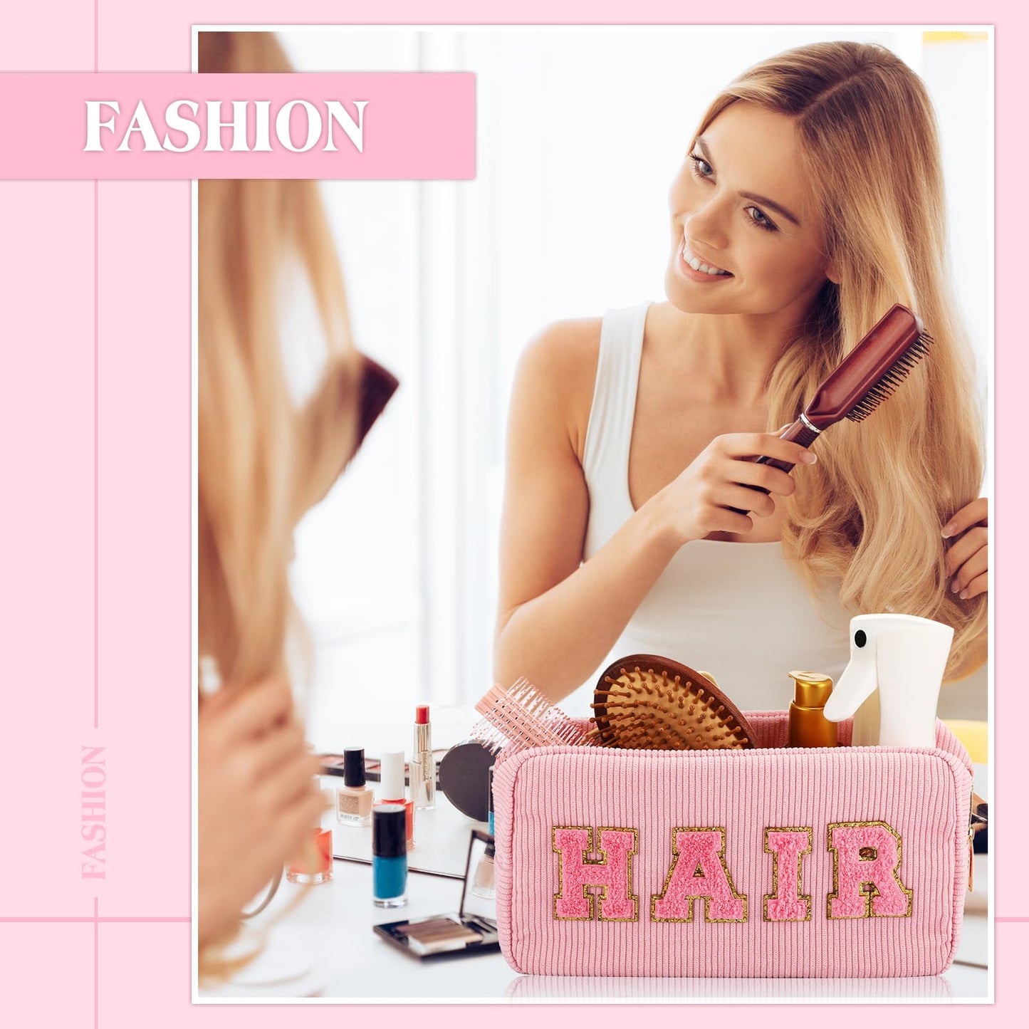 Kajaia 4 Pcs Preppy Makeup Bags Chenille Letter Stuff Bag Cute Cosmetic Pouch Cases for Women Trave Toiletry spend the night(Beige, Powder, Milk White, Pink,Grace)