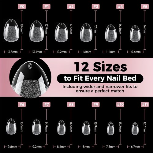 Luckyfairy Extra Short Almond Nail Tips, 240pcs Soft Gel Pre-Shaped Acrylic Fake Nails, Half Matte Full Cover Clear Gelly Press on Flase Nail Tips for Extension Nail Manicure Home DIY 12 Sizes