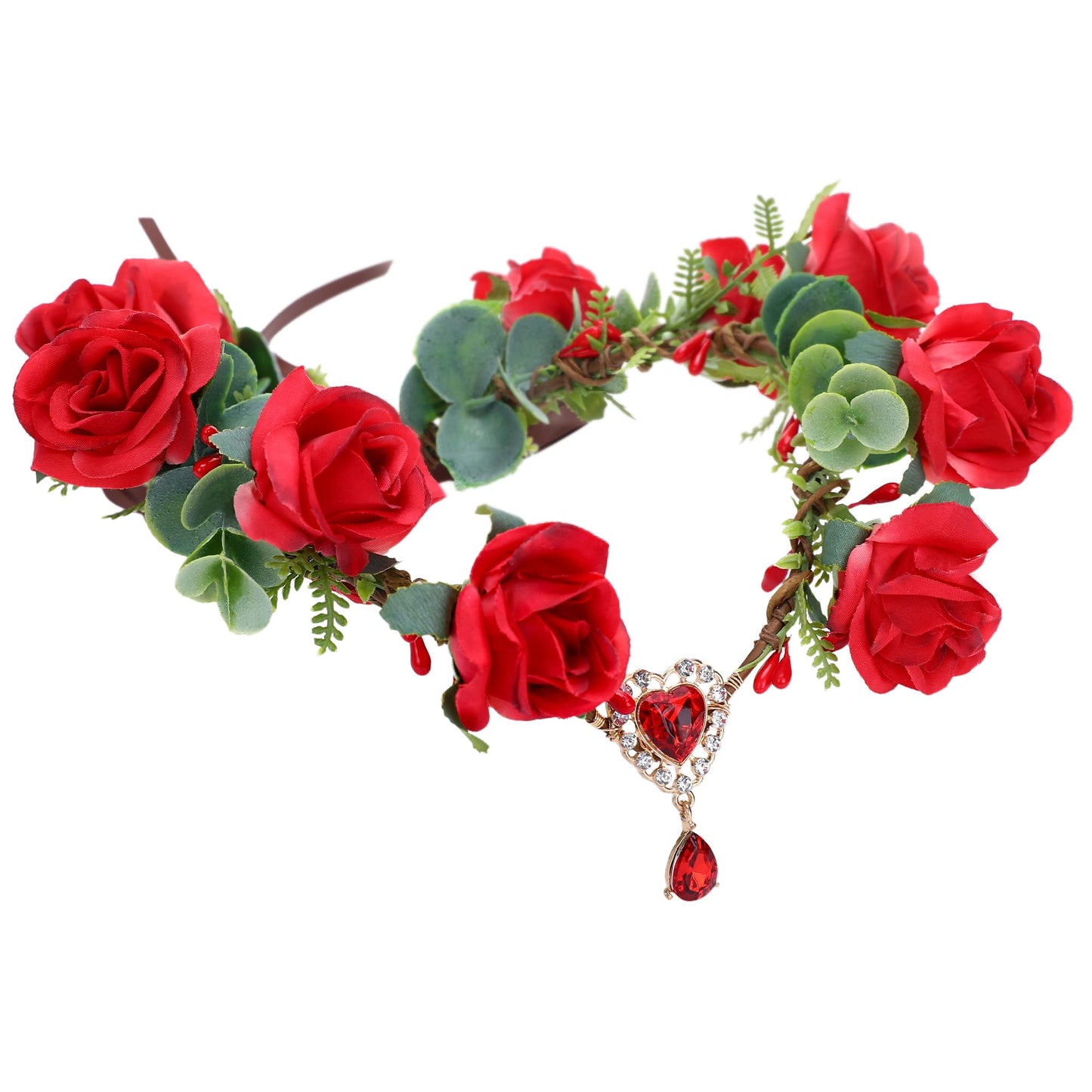 RENEMEGO Red Flower Fairy Crown - Handmade Flower Crown Elf Rose Floral Headpiece with Heart Crystal Boho Forest Hair Wreath Headband for Women Girls Cosplay Party Wedding Dress up Accessories