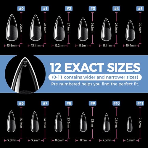 UNA GELLA Medium Stiletto Gel Nail Tips Full Cover 216Pcs Almond Shape Nails Tips Stiletto Pre etched Soft Gel Nails Clear Fake False Nail Tip For Home Art Salon 12 Sizes