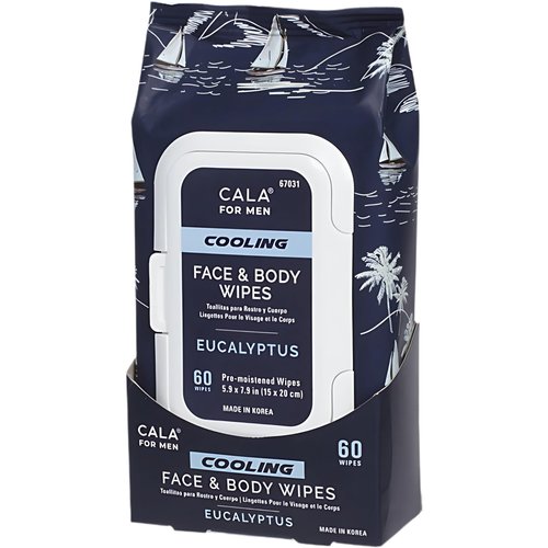 CALA Men's Cooling Face & Body Wipes: Eucalyptus (60 Sheets) - Refreshing, Hydrating Wipes for a Clean, Soothed Complexion, Ideal for Active Men