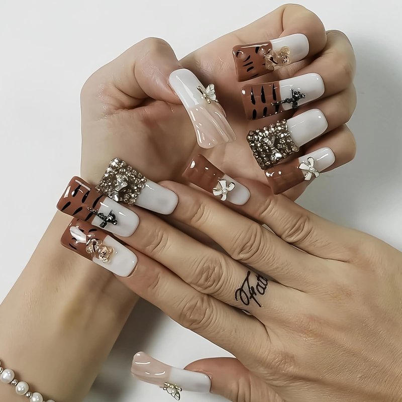 Tesytto Long Duck Press On Nails, 3D Butterfly Cross Bear Tiger Stripe Rhinestone Bow Nude French Tip Acrylic Nails (Diamond Tiger Pattern, S)