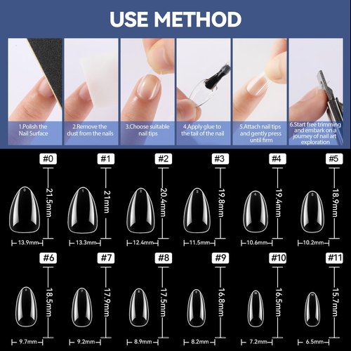 UNA GELLA Short Almond Gel Nail Tips, 504pcs Pre-shape Short Almond Nail Tips 12 Sizes Press on Nails Soft Gel Acrylic Clear Fake Full Cover for Nails Extension Home DIY Salon