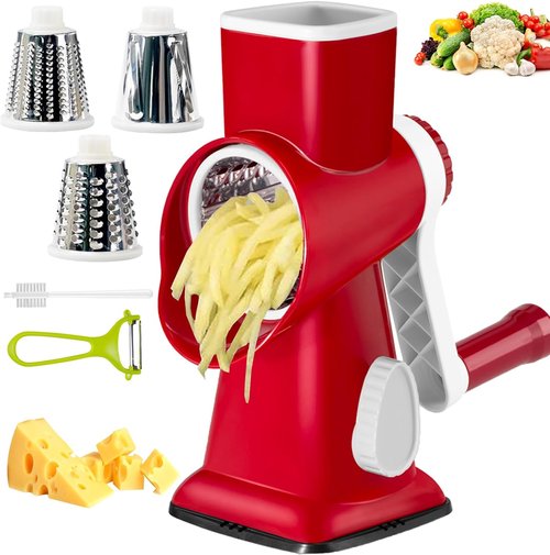 Cheese Grater with Handle by [Brand Name] - Multifunctional Rotary Shredder for Easy Vegetable & Fruit Prep | Red