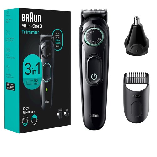 Braun All-in-One Style Kit Series 3 3430 - 3-in-1 Trimmer for Men with Beard, Ear & Nose Trimmers, 20 Length Settings