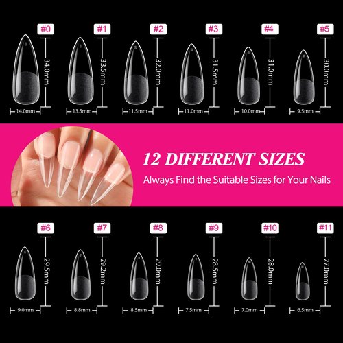 UNA GELLA Long Stiletto Nail Tips 504PCS, Full Cover Pre-Etched Long Stiletto Almond Clear Fake Nails Tips, Sturdy Acrylic Press on Nails, No C Curve Soft Gel Tip for DIY Nail Extension kit 12 Sizes