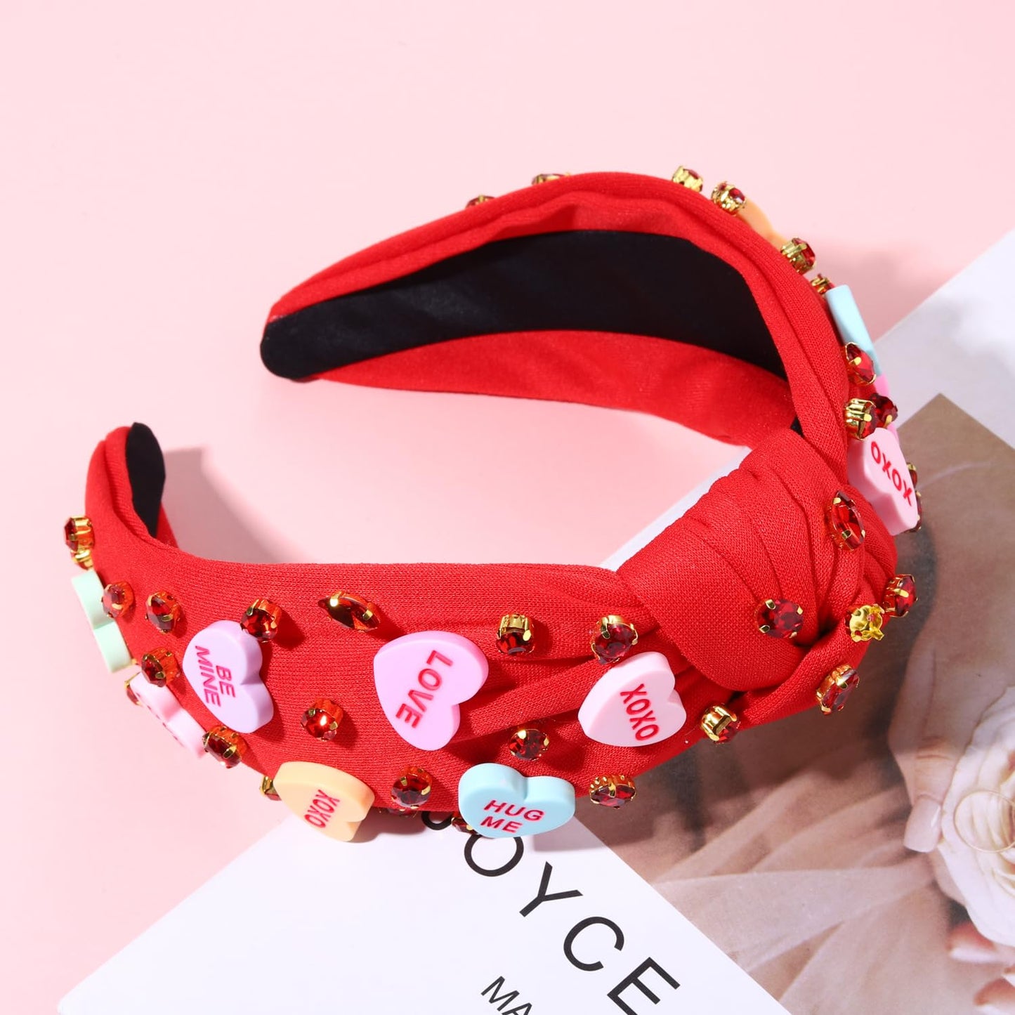 NVENF Women's Jeweled Crystal Rhinestone Knotted Heart Top Knot Hair Accessories (Letter 1 - Red)