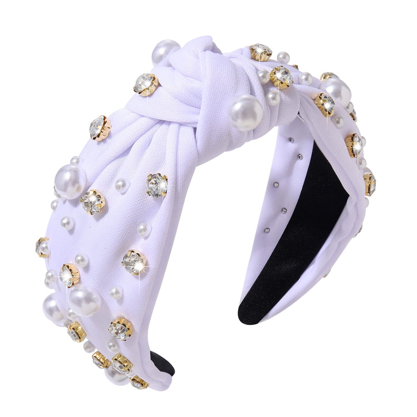 GLBCC Pearl Headband Sparkly Rhinestone Pearls Knot Hairband Wide Knotted Headband Headpiece Spring Summer Pink Black Headbands Headwear Accessories (white knot hairband)