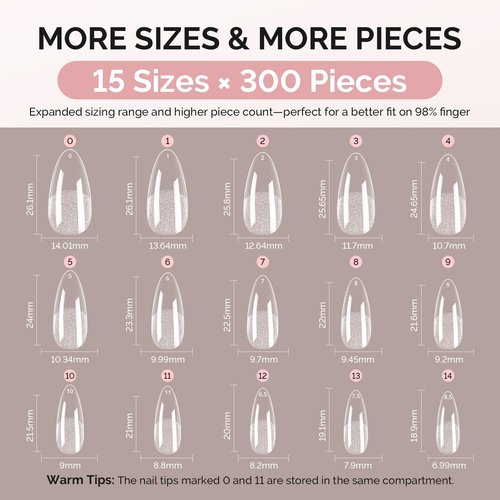 MelodySusie Medium Almond X Nail Tips - 300Pcs 15 Sizes Clear Acrylic, Half Matte Full Cover Press on Nails for DIY Extension&Salon Use,Pre-Shaped for Long-Lasting Manicure