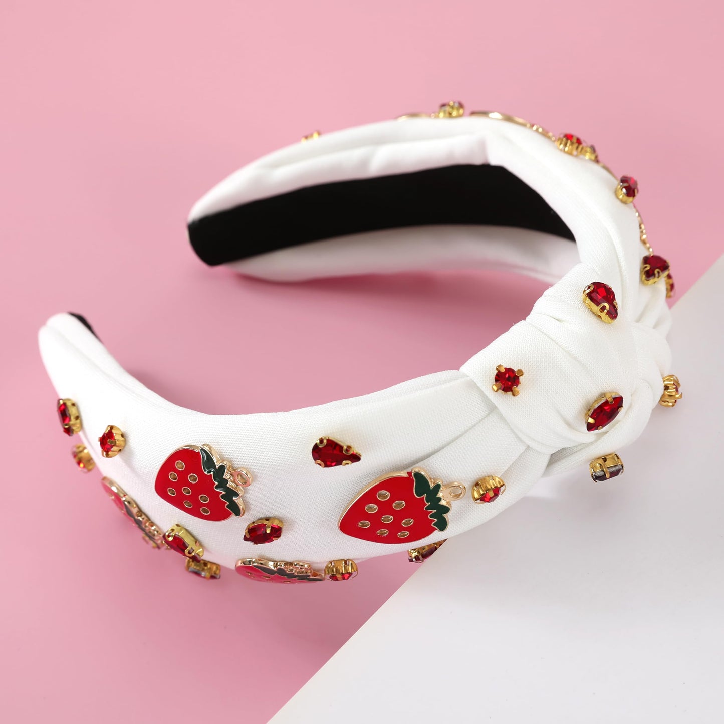 Gmmidea Strawberry Fruit Headband Summer Knotted Headbands for Women Girls Beaded Rhinestone Jeweled Headband Fabric Wide White Hairband Boho Beach Vacation Hair Accessories