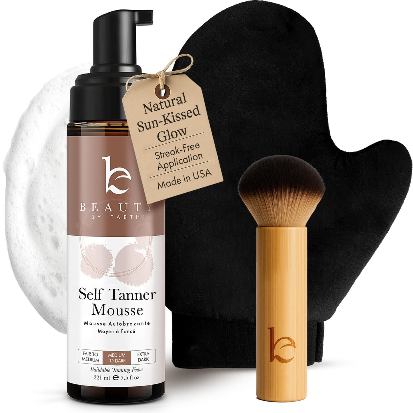 Skiennix Self Tanner Mousse Kit - Natural & Organic Ingredients | Non-Toxic Tanning Foam with Kabuki Brush & Mitt