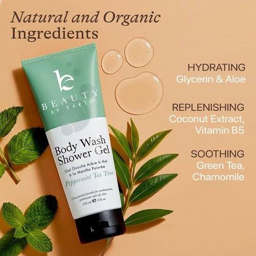 Beauty by Earth Peppermint Tea Tree Oil Shower Gel - Organic Moisturizing Body Wash for Men & Women, Made in USA