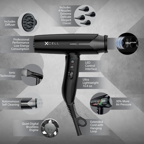 GAMMA+ XCell Ultra-Lightweight Hair Dryer - Digital Motor & Ionic Technology | Whisper Quiet, 12 Heat/Speeds