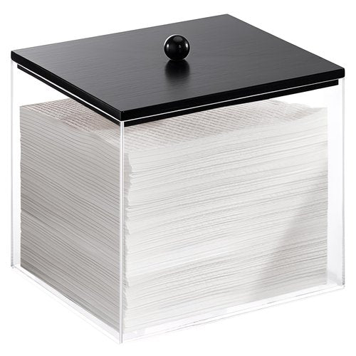Puricon Acrylic Disposable Facial Towels Holder, Clear Storage Bin with Wood Lid Compatible with Clean Skin Club Towel (NOT Included), Face Towelettes Container for Bathroom Counter -Black