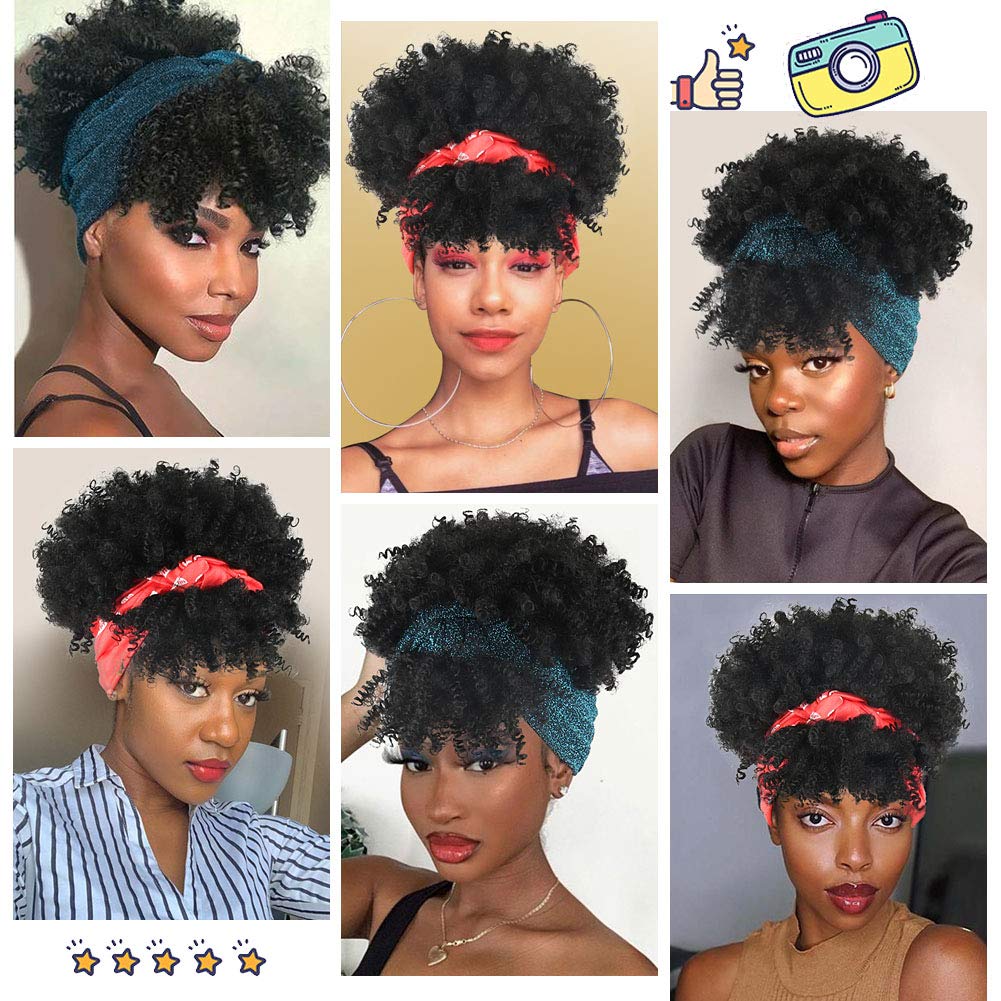 LEOSA Head-Wrap Wigs 2 in 1 Head Ponytail Wrap Short Silver Turban Wrap-Wig Updo Kinky Curly Afro Puff with Bangs Drawstring Ponytail Extension for Black Women