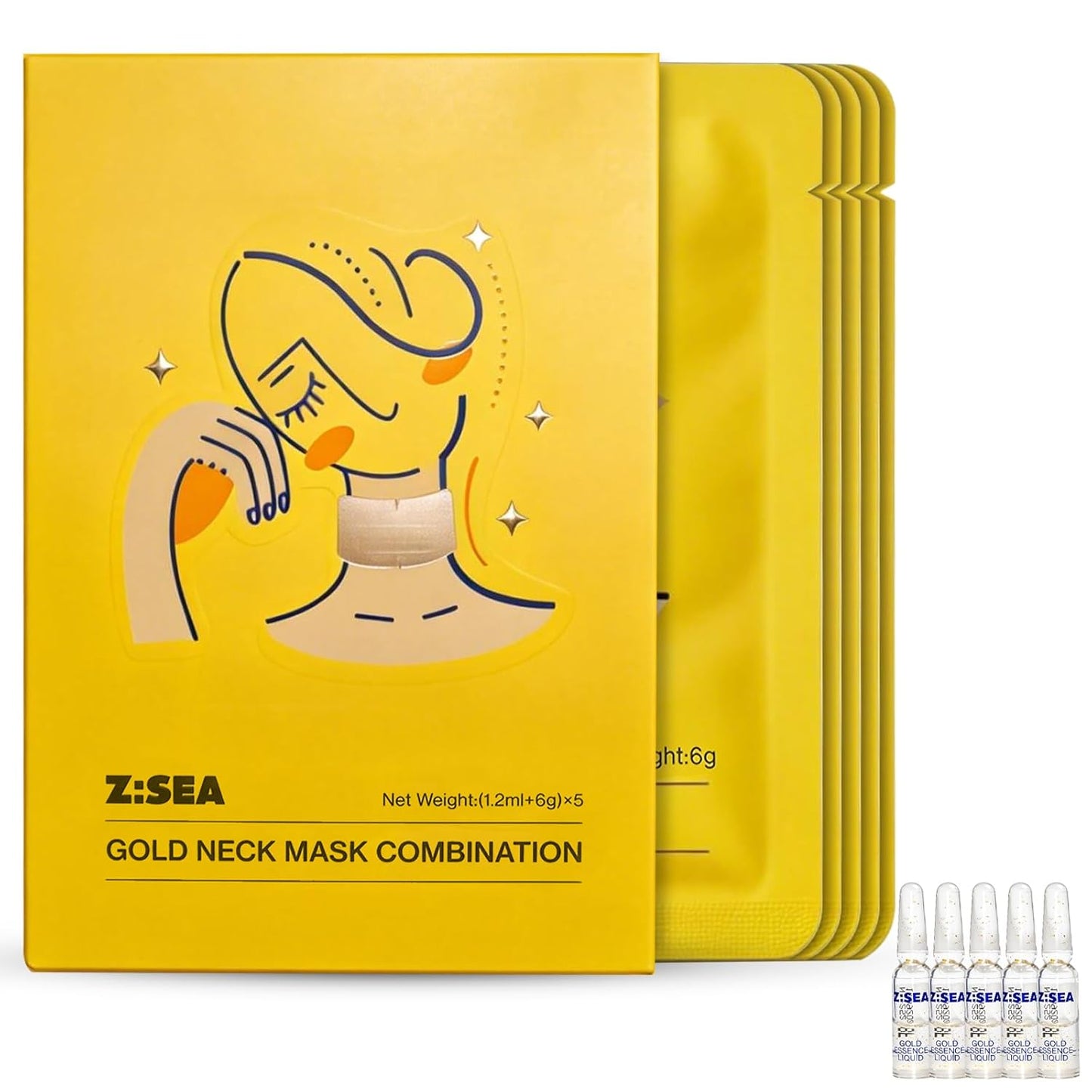Z:SEA Collagen Cream Neck Mask & 98% Real Gold Serum Set - 2-Step Anti-Aging Treatment for Crepey Skin, Firming & Hydrating, 5Ct