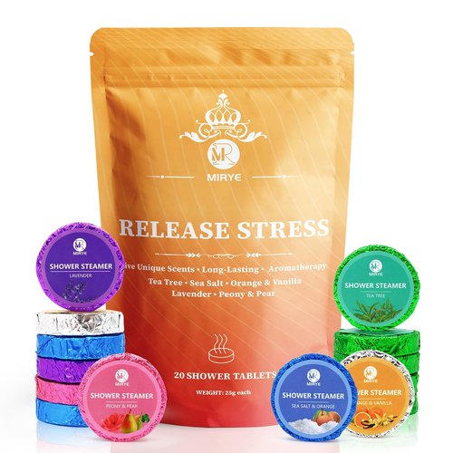 MR MIRYE Shower Steamers Aromatherapy, Valentine's Day Gifts for Women and Men, 20-Pack Organic Shower Bombs with Essential Oil, Tea Tree, Orange & Vanilla, Sea Salt, Lavender, Peony & Pear